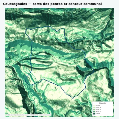 Carte des pentes de Coursegoules avec contour communal