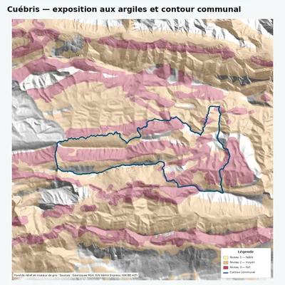Carte argiles RGA de Cuébris avec contour communal