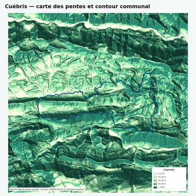 Carte des pentes de Cuébris avec contour communal