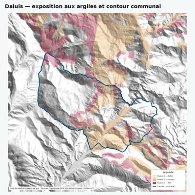 Carte argiles RGA de Daluis avec contour communal