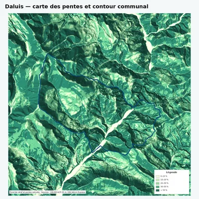 Carte des pentes de Daluis avec contour communal
