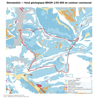 Carte géologique BRGM de Demandolx avec contour communal