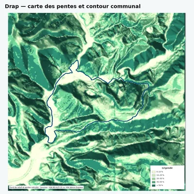 Carte des pentes de Drap avec contour communal