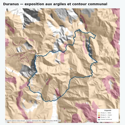 Carte argiles RGA de Duranus avec contour communal