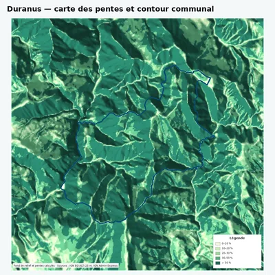 Carte des pentes de Duranus avec contour communal