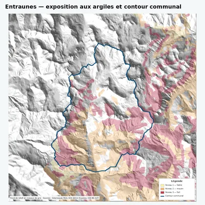 Carte argiles RGA de Entraunes avec contour communal