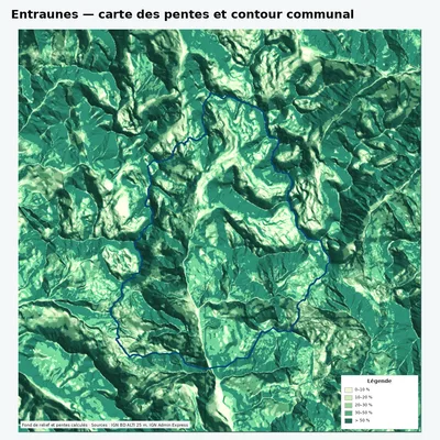 Carte des pentes de Entraunes avec contour communal