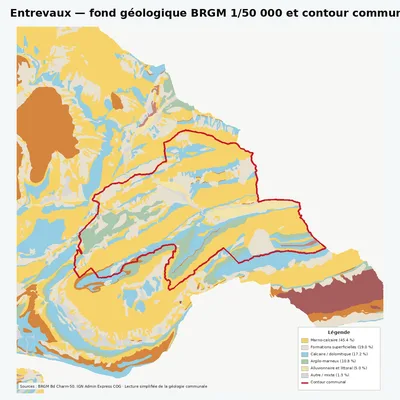 Carte géologique BRGM de Entrevaux avec contour communal