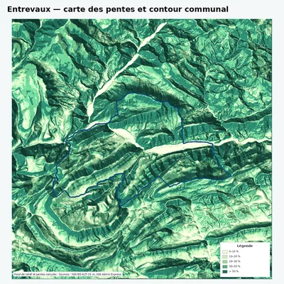 Carte des pentes de Entrevaux avec contour communal