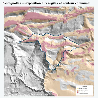 Carte argiles RGA de Escragnolles avec contour communal