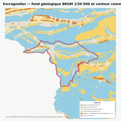 Carte géologique BRGM de Escragnolles avec contour communal