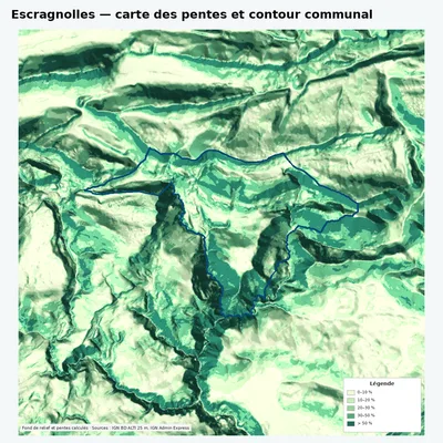Carte des pentes de Escragnolles avec contour communal