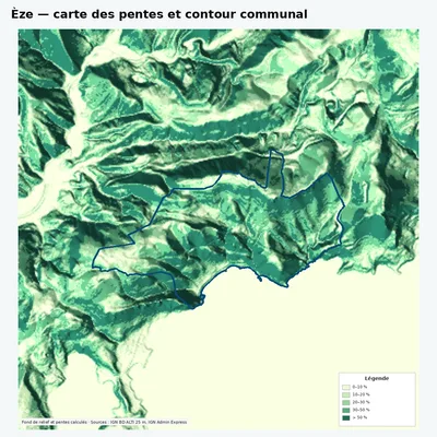 Carte des pentes de Èze avec contour communal