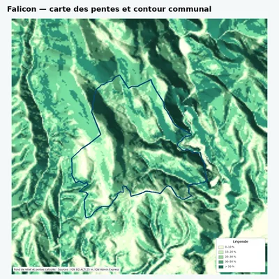 Carte des pentes de Falicon avec contour communal