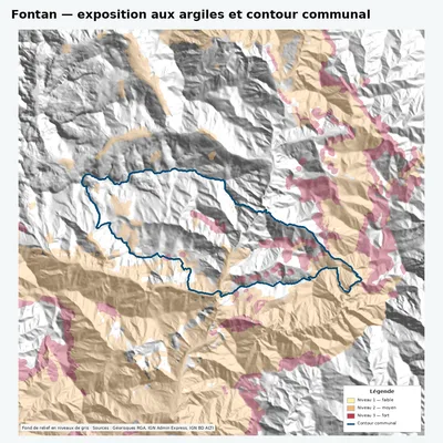 Carte argiles RGA de Fontan avec contour communal
