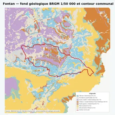 Carte géologique BRGM de Fontan avec contour communal