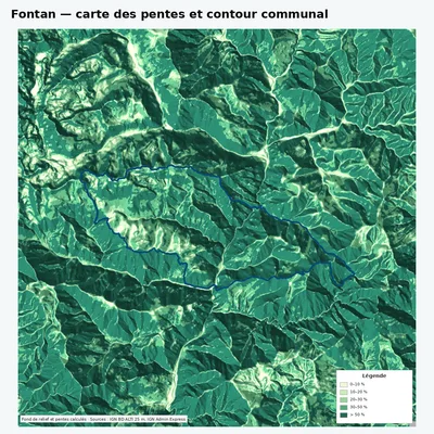 Carte des pentes de Fontan avec contour communal