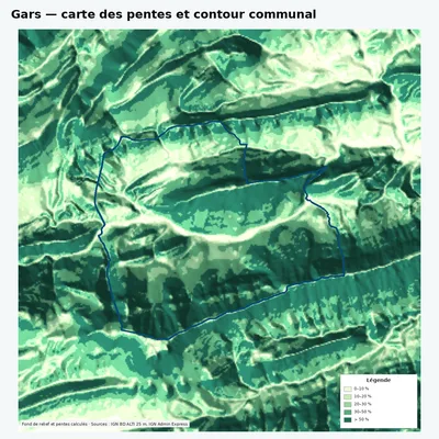 Carte des pentes de Gars avec contour communal
