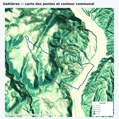 Carte des pentes de Gattières avec contour communal