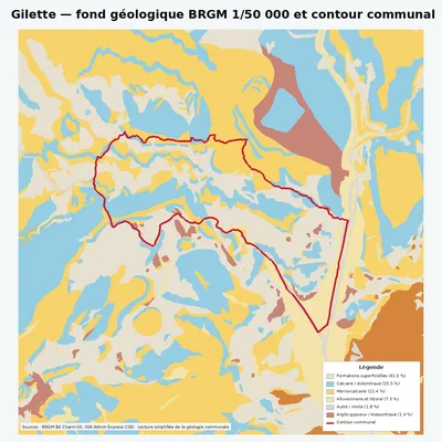 Carte géologique BRGM de Gilette avec contour communal