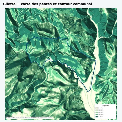 Carte des pentes de Gilette avec contour communal