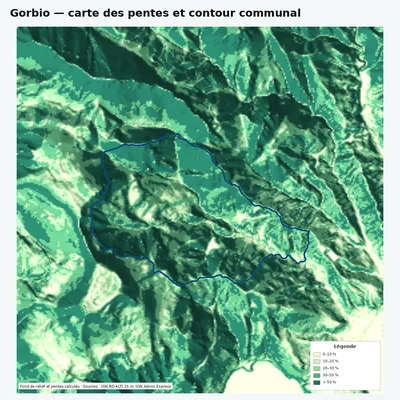 Carte des pentes de Gorbio avec contour communal