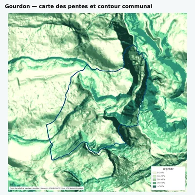 Carte des pentes de Gourdon avec contour communal
