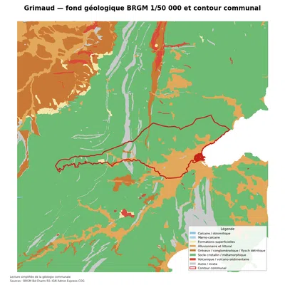 Carte géologique BRGM de Grimaud avec contour communal