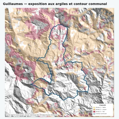 Carte argiles RGA de Guillaumes avec contour communal