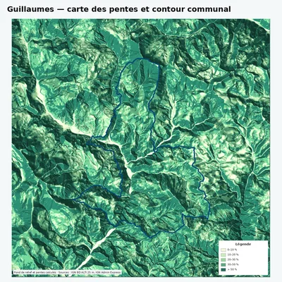 Carte des pentes de Guillaumes avec contour communal