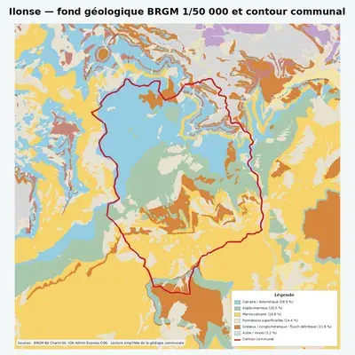 Carte géologique BRGM de Ilonse avec contour communal