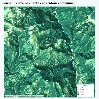 Carte des pentes de Ilonse avec contour communal