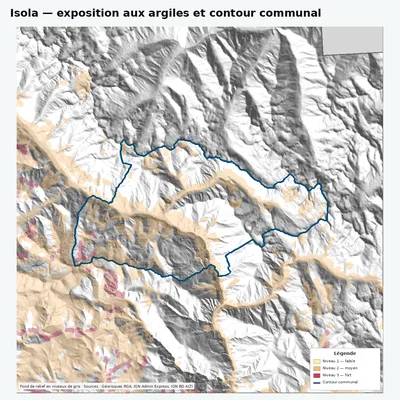 Carte argiles RGA de Isola avec contour communal