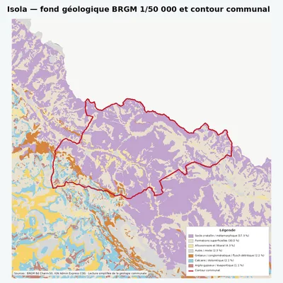 Carte géologique BRGM de Isola avec contour communal