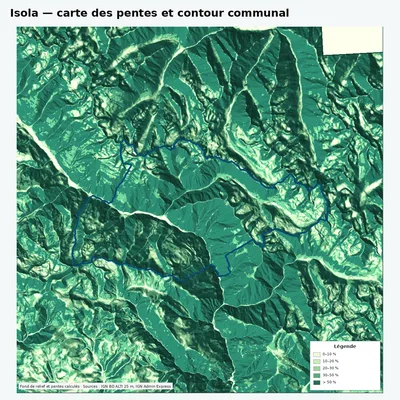 Carte des pentes de Isola avec contour communal