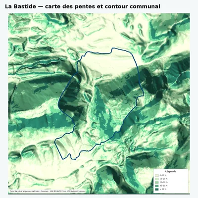 Carte des pentes de La Bastide avec contour communal
