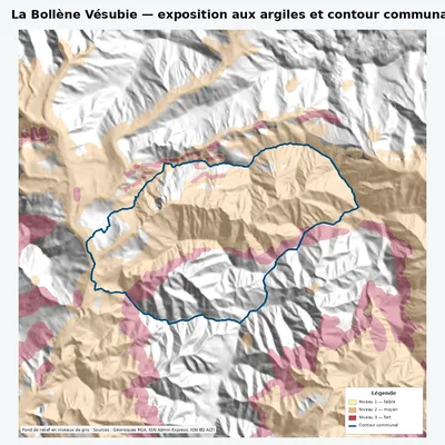 Carte argiles RGA de La Bollène Vésubie avec contour communal