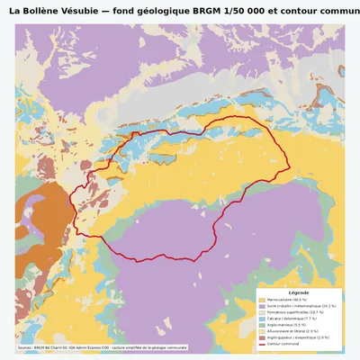 Carte géologique BRGM de La Bollène Vésubie avec contour communal