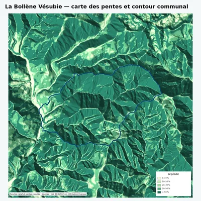Carte des pentes de La Bollène Vésubie avec contour communal