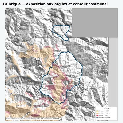 Carte argiles RGA de La Brigue avec contour communal