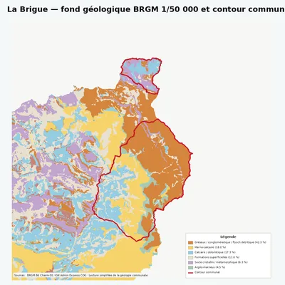 Carte géologique BRGM de La Brigue avec contour communal