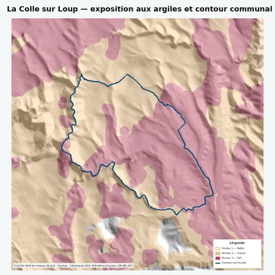 Carte argiles RGA de La Colle sur Loup avec contour communal