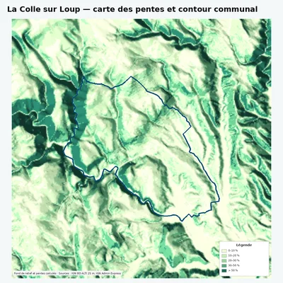 Carte des pentes de La Colle sur Loup avec contour communal