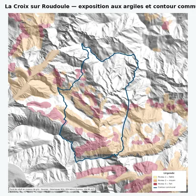 Carte argiles RGA de La Croix sur Roudoule avec contour communal