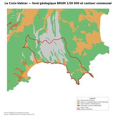 Carte géologique BRGM de La Croix-Valmer avec contour communal