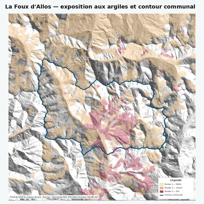 Carte argiles RGA de La Foux d\ avec contour communal