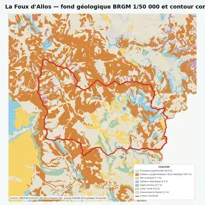 Carte géologique BRGM de La Foux d\ avec contour communal