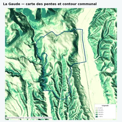 Carte des pentes de La Gaude avec contour communal