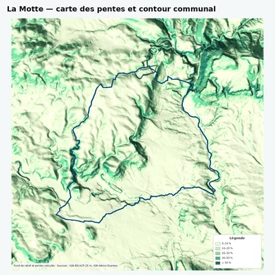 Carte des pentes de La Motte avec contour communal