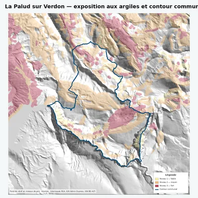Carte argiles RGA de La Palud sur Verdon avec contour communal
